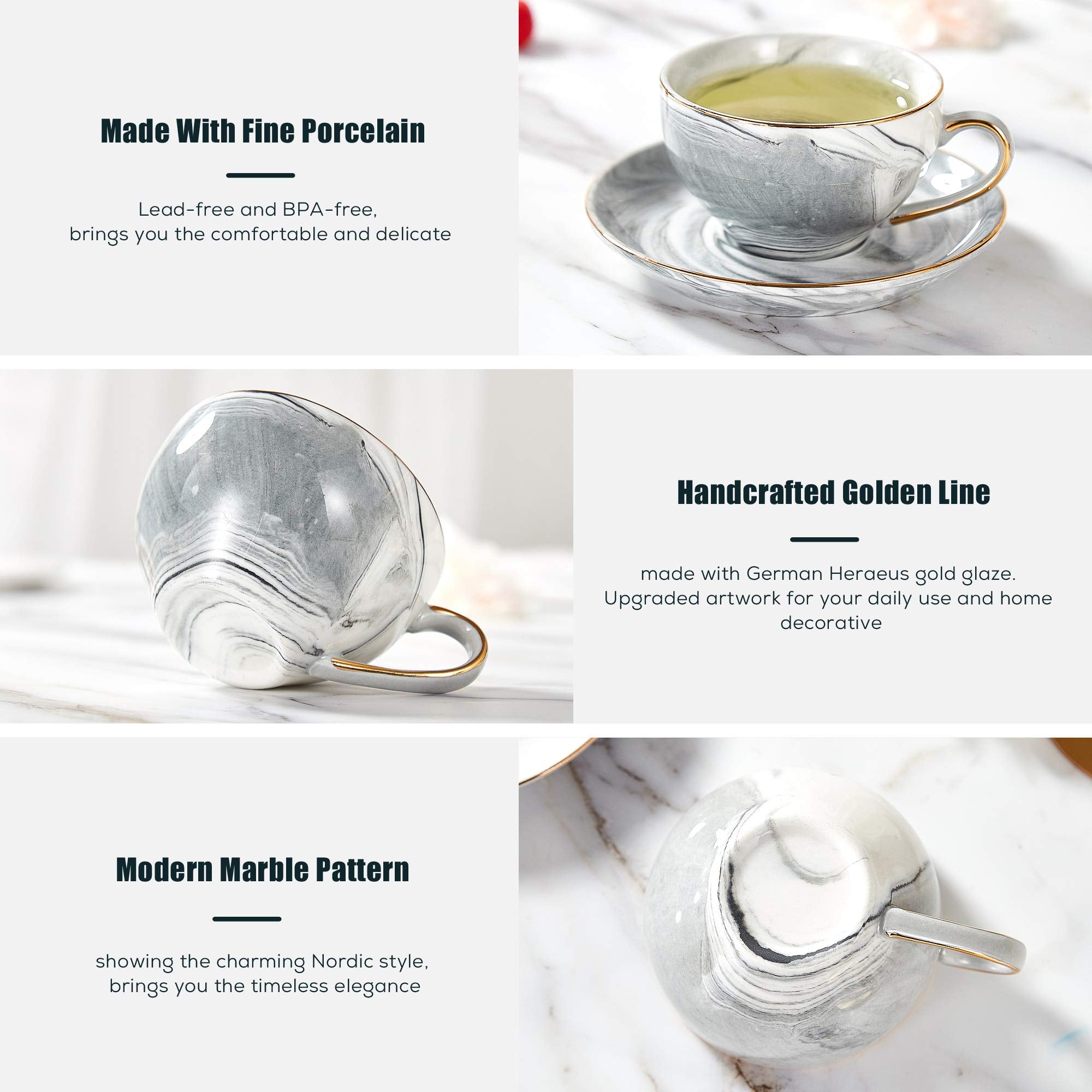 DUJUST 21 pcs Small Tea Set of 6, Pink Marble Set, Handcraft Golden Trim, Porcelain Tea Pot Set for Kids&Adults, 1 Glass Teapot(22oz), 6 Cups(4oz), 6 Saucers, 6 Spoons, 1 Shelf&1 Warmer
