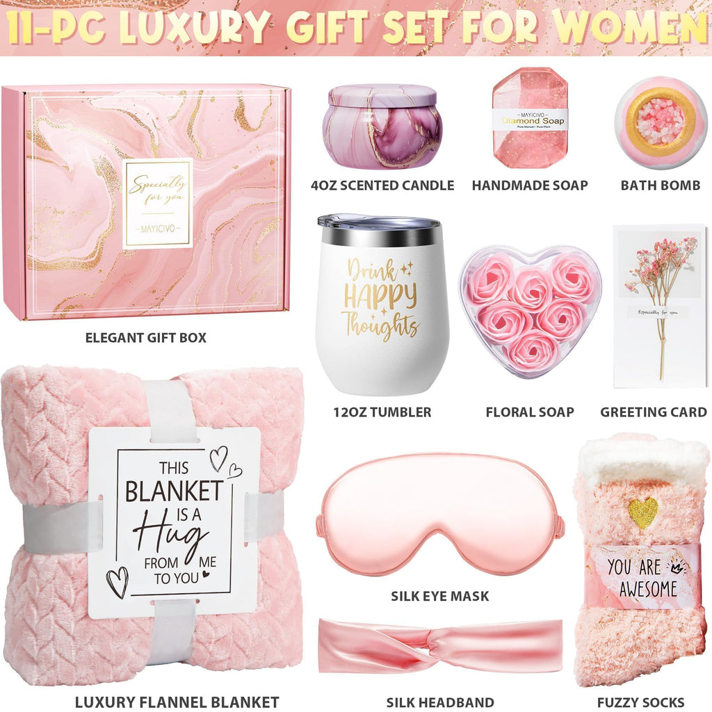 Mothers Day Birthday Gifts for Women Self Care Get Well Soon Gifts, Rose Relaxing Spa Gift Basket Thinking of You Care Package with Flannel Blanket, Unique Gift for Her Mom Wife Grandma Friend Sister