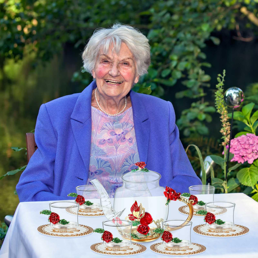 7 Pcs Floral Glass Tea Set for Women 14 oz Butterfly Vintage Teapot Set for Adults Glass Tea Gift for Valentine Spring Party Mother's Day Girlfriend Fancy Pot Cups with Gift Box(Blue)