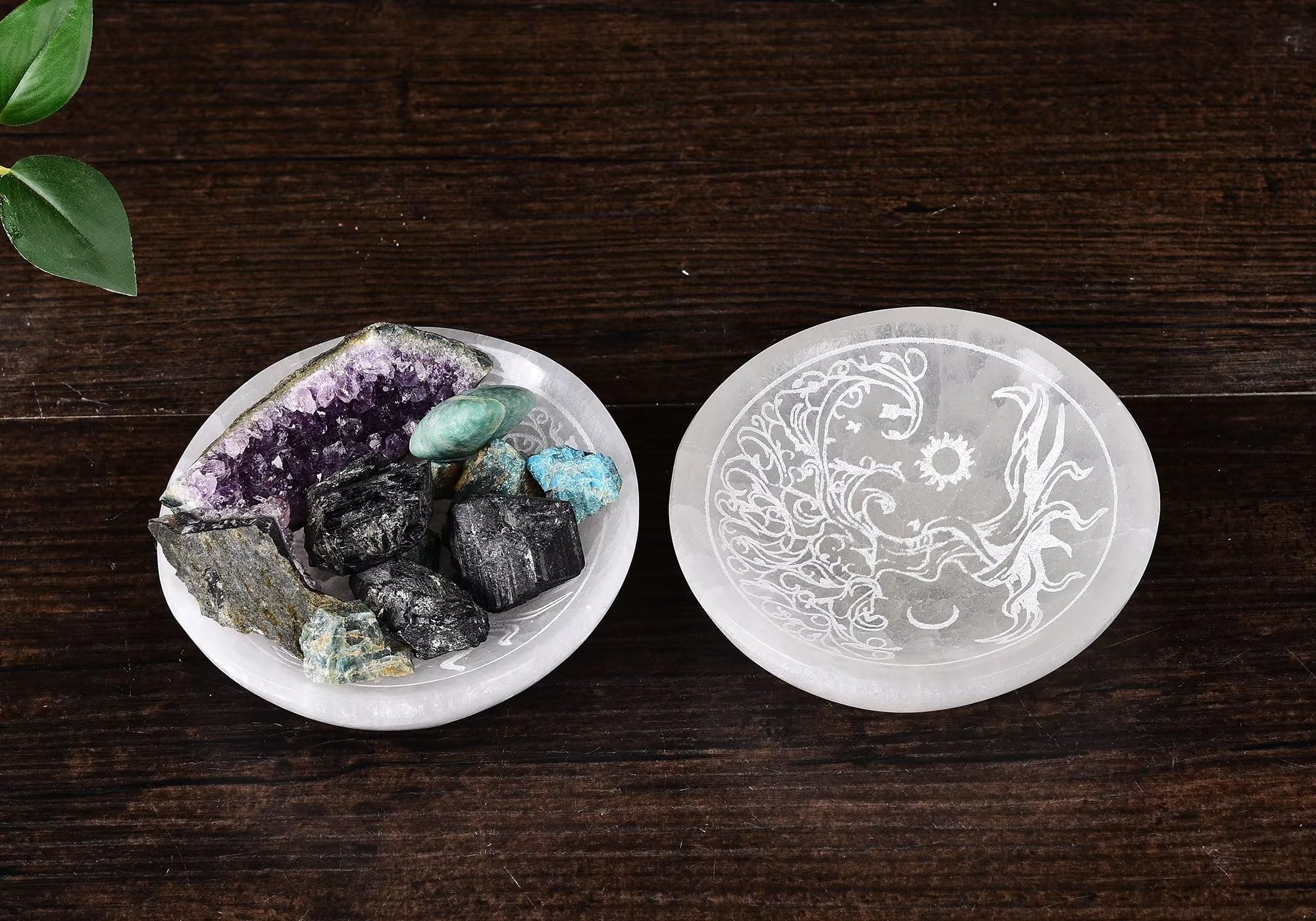 AMOYSTONE Natural Selenite Charging Bowl with Mandala Engraving 3.5-4'' Energy Cleansing Crystal Plate for Healing Meditation and Spiritual Home Decor