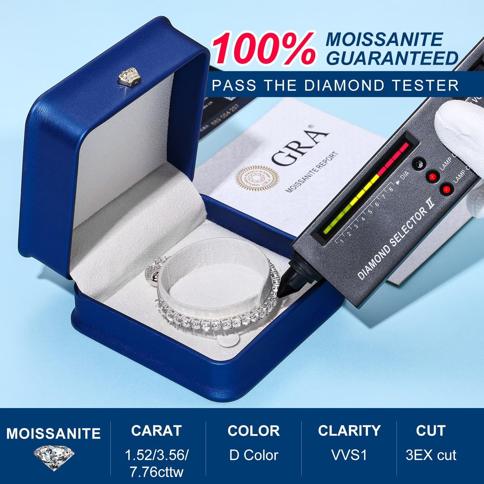 Moissanite Tennis Bracelet 1.79ct-8.69ct Adjustable Bracelet for Women 18K White Gold Plated S925 Sterling Silver Tennis Bracelet D Color VVS1 Round Cut 2/3/4mm Moissanite Bracelet Gifts for Wife/Mom