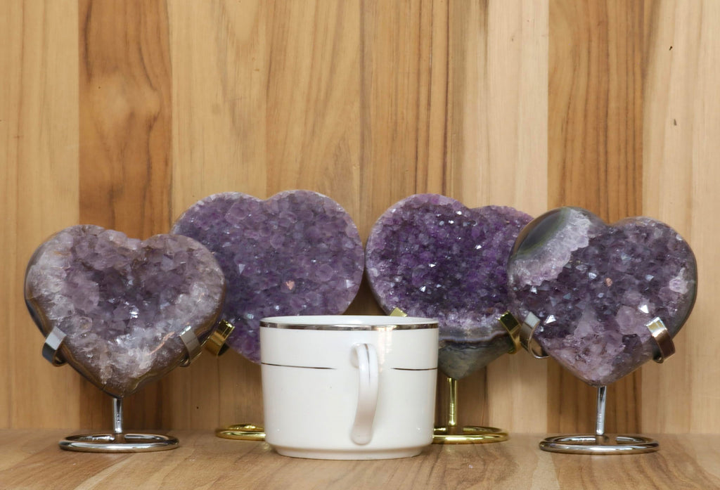 Hand-carved Amethyst Heart Cluster with Stand, Natural Raw Crystal Heart Stone 1–7 Inch tall (50g–1200g), Reiki Healing Gemstone, Love, spiritual Valentine Gift. (200-350 Grams-1.5 to 2.5" tall)