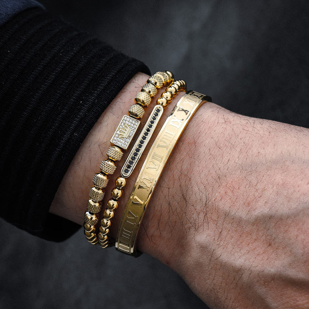 WFYOU 3PCS Stainless Steel Bracelets for Men Gold Roman Numeral Bangle Bracelet Twisted Cable Bracelet Adjustable Cuff Bracelet Mens Luxury Jewelry Bracelets Gifts