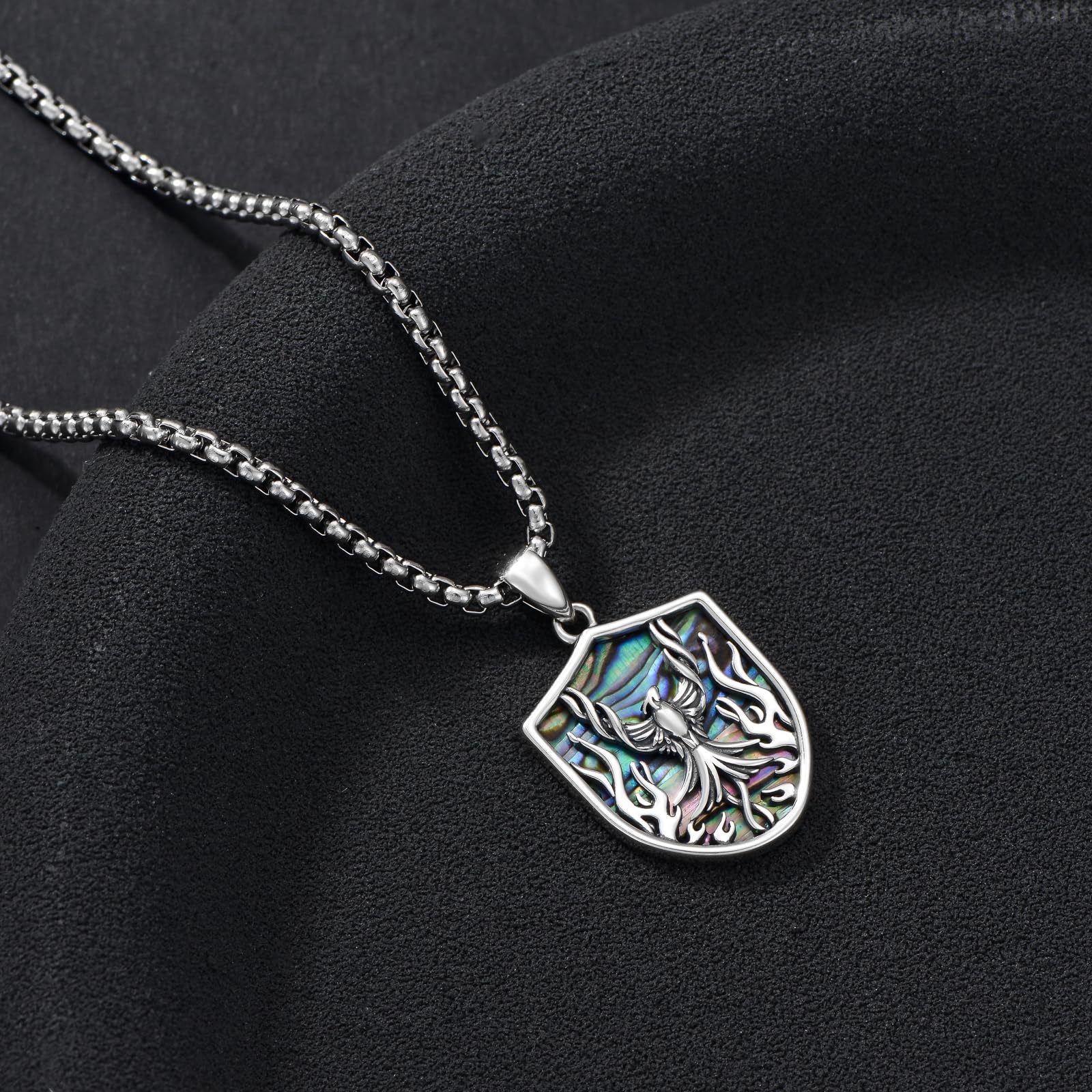PELOVNY Phoenix Necklace 925 Sterling Silver Shield/Sword/Crystal/Tarot Card/Dog Tag/Cross/Abalone/Axe Pendant Rising Bird Jewelry for Anniversary Birthday Christmas Gifts Men Women