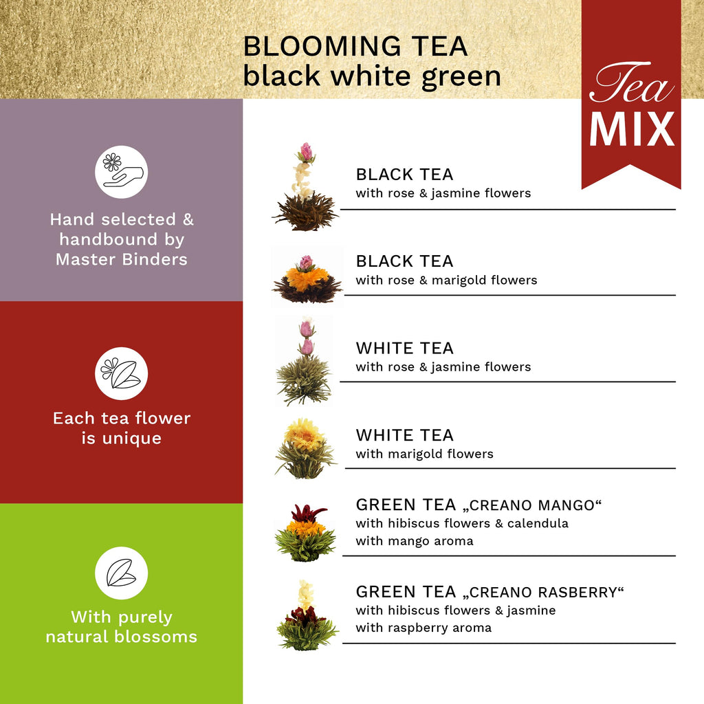 Creano Blooming Tea Gift Set with Glass Teapot 17oz (500ml) - Green Tea Fruity Flavoured Tea Flowers in 6 Varieties - Flowering Tea Gift for Easter