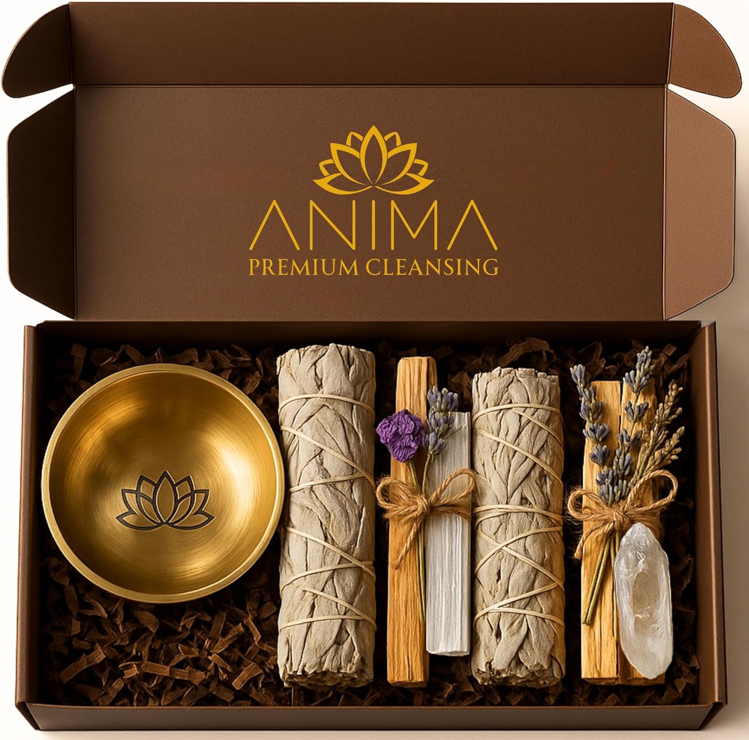 Anima Premium Energy Cleansing Set – White Sage Smudge Sticks, Palo Santo Sticks, Clear Quartz & Selenite Crystal with Smudge Bowl for Crystals & Home Cleansing, Meditation & Manifestation