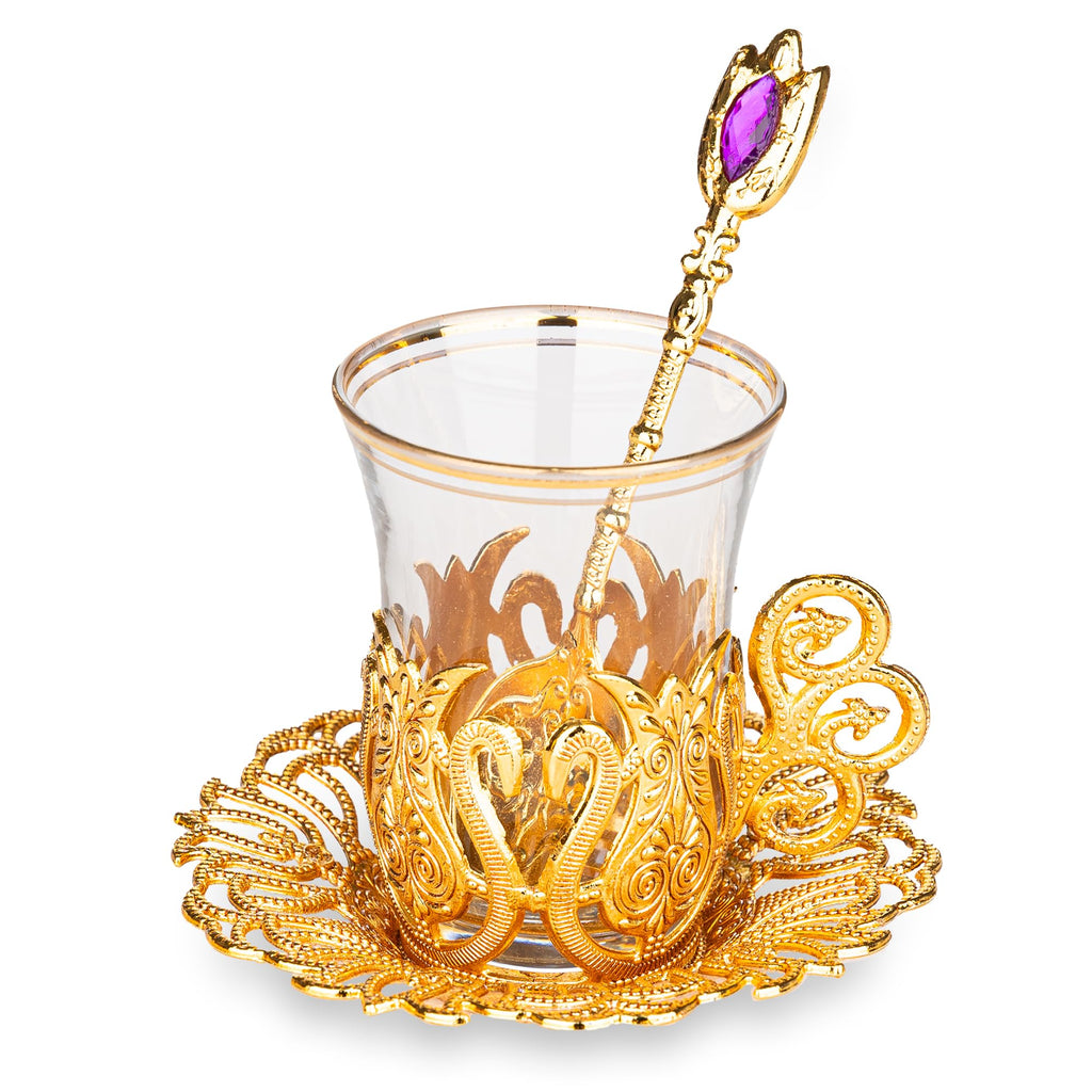 Alisveristime (SET OF 6 Handmade Turkish Tea Water Zamzam Serving Set Glasses Saucer and Spoon (Ottoman) (Gold)