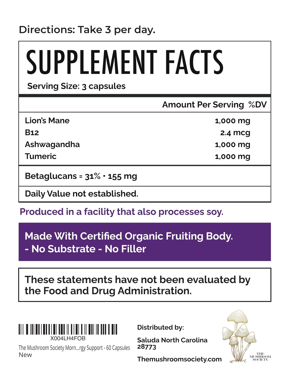 Morning Rush - Lion’s Mane, Ashwagandha, Turmeric & B12 Extract Blend Supplement - Focus & Energy Support - 60 Vegan Capsules