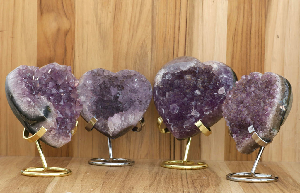 Hand-carved Amethyst Heart Cluster with Stand, Natural Raw Crystal Heart Stone 1–7 Inch tall (50g–1200g), Reiki Healing Gemstone, Love, spiritual Valentine Gift. (200-350 Grams-1.5 to 2.5" tall)