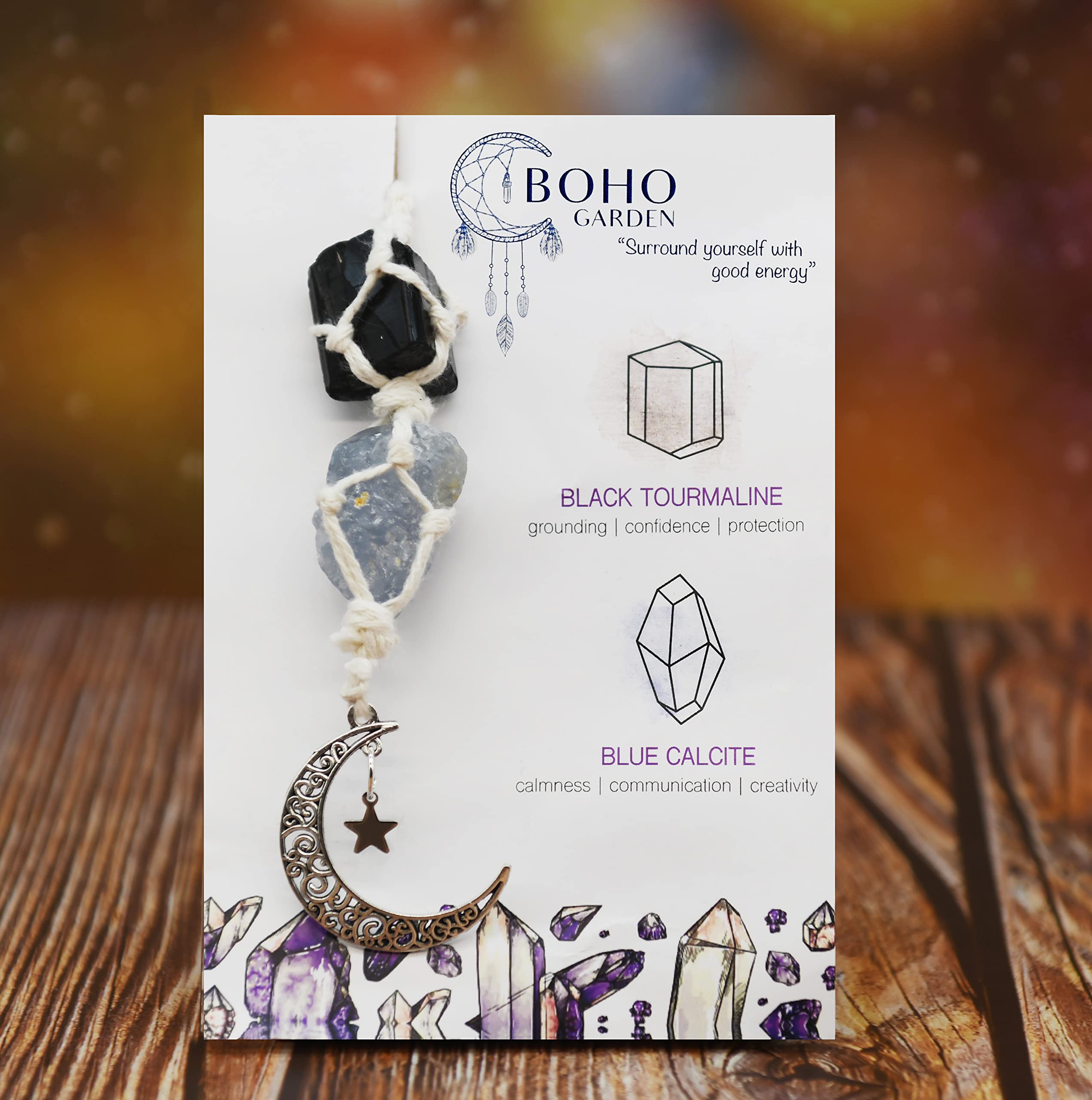 BOHO GARDEN Crystal Hanging Car Charm - Purple Rear View Mirror Hanging Car Accessories for Women, Moon Decor Hanging Ornament, Witchy Gifts and Healing Stones - Rose Quartz & Amethyst