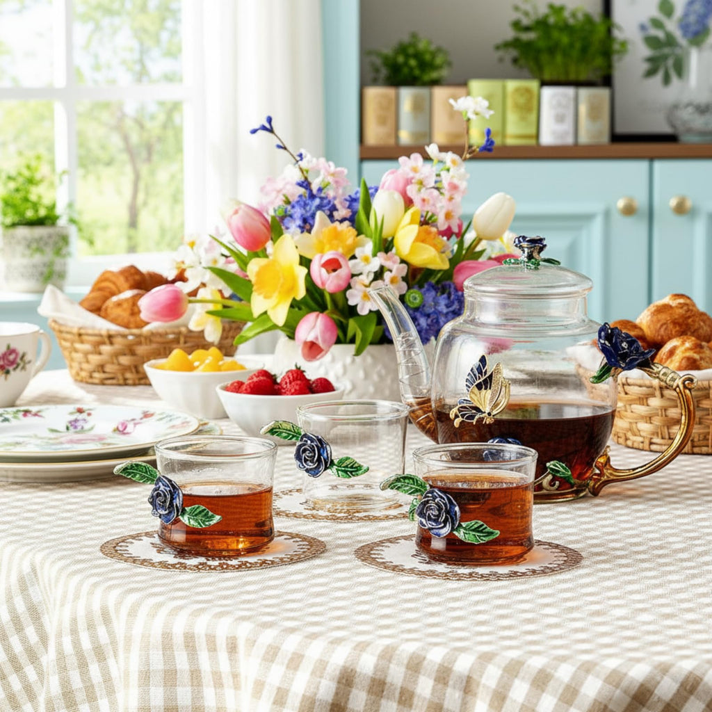 7 Pcs Floral Glass Tea Set for Women 14 oz Butterfly Vintage Teapot Set for Adults Glass Tea Gift for Valentine Spring Party Mother's Day Girlfriend Fancy Pot Cups with Gift Box(Blue)