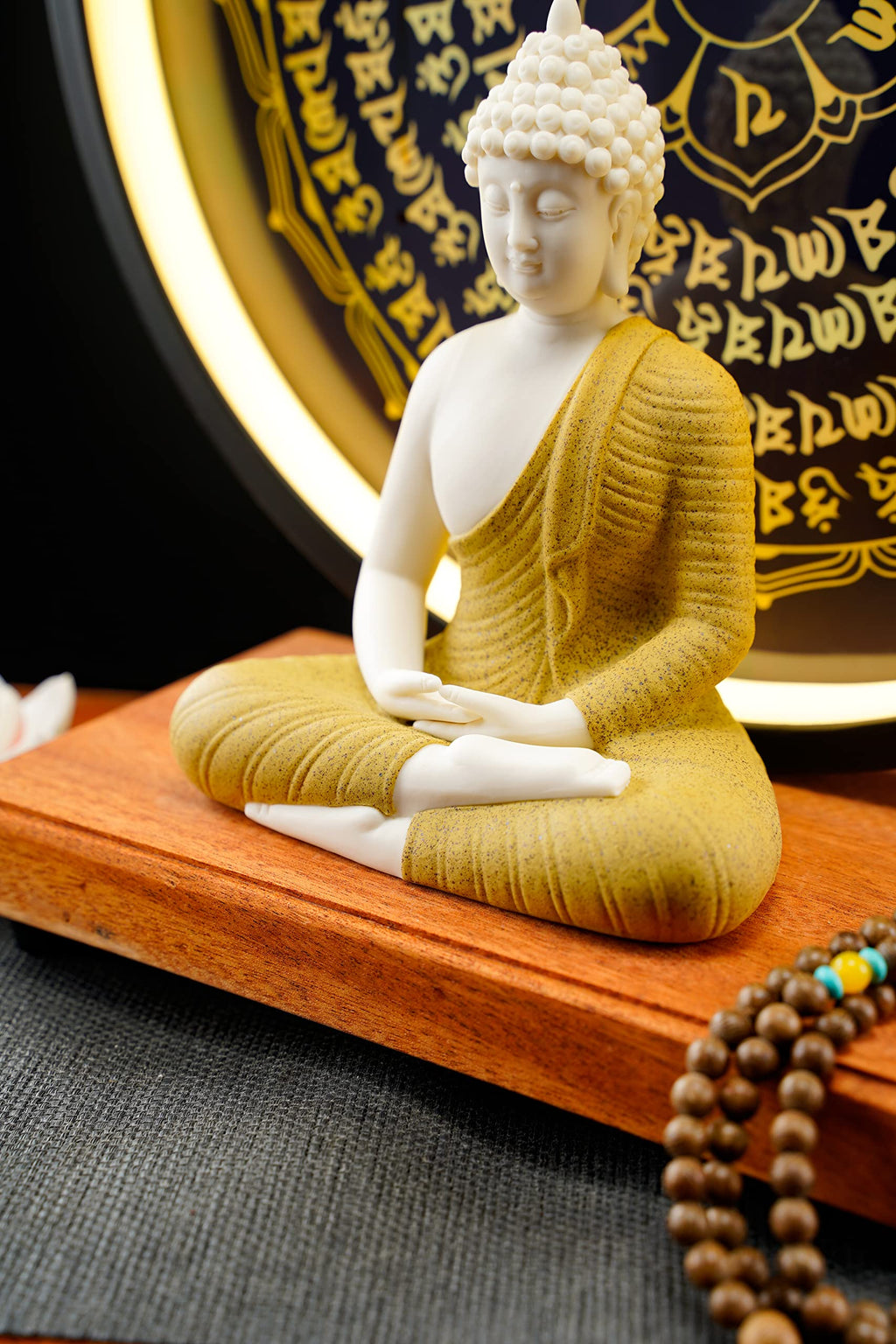 Houlu Yellow Buddha Statue and Circle LED Table Lamp, Ceramic Buddha Statue for Home Décor