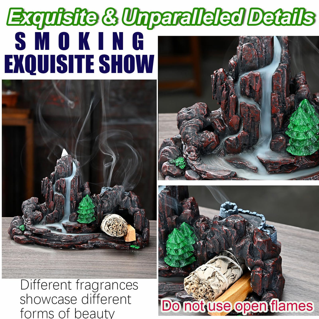 Mountain Waterfall Incense Burner，Backfall Incense Holder River, Incense Falls Meditation Decor for Room with Upgrade Incense Cones and Accessories (5in1 Palo Santo)