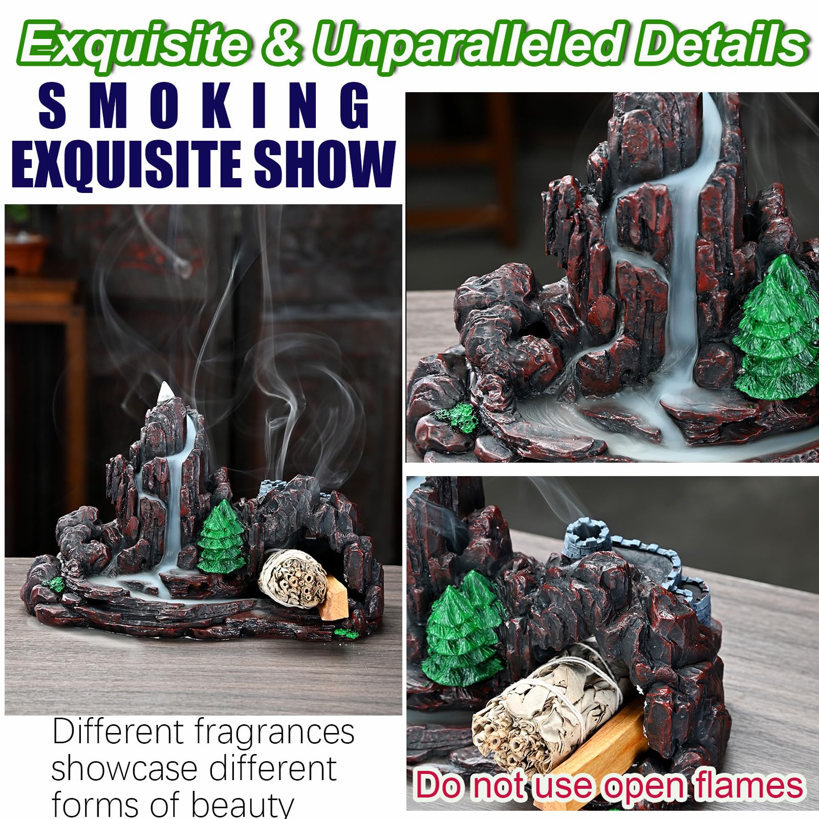 Mountain Waterfall Incense Burner，Backfall Incense Holder River, Incense Falls Meditation Decor for Room with Upgrade Incense Cones and Accessories (5in1 Palo Santo)