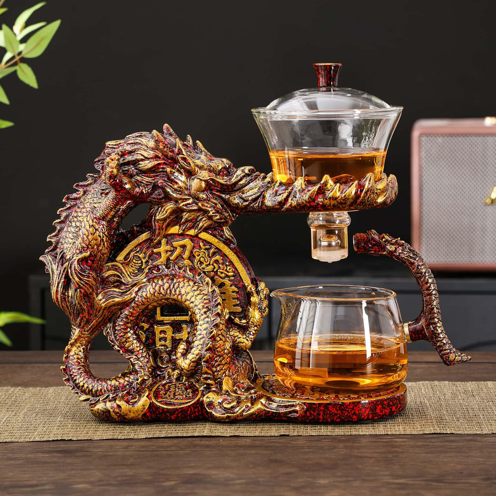 Glass Teapot Set with Infuser Semi Automatic Dragon Tea Set with 6 Small Cups (red golden dragon-b)