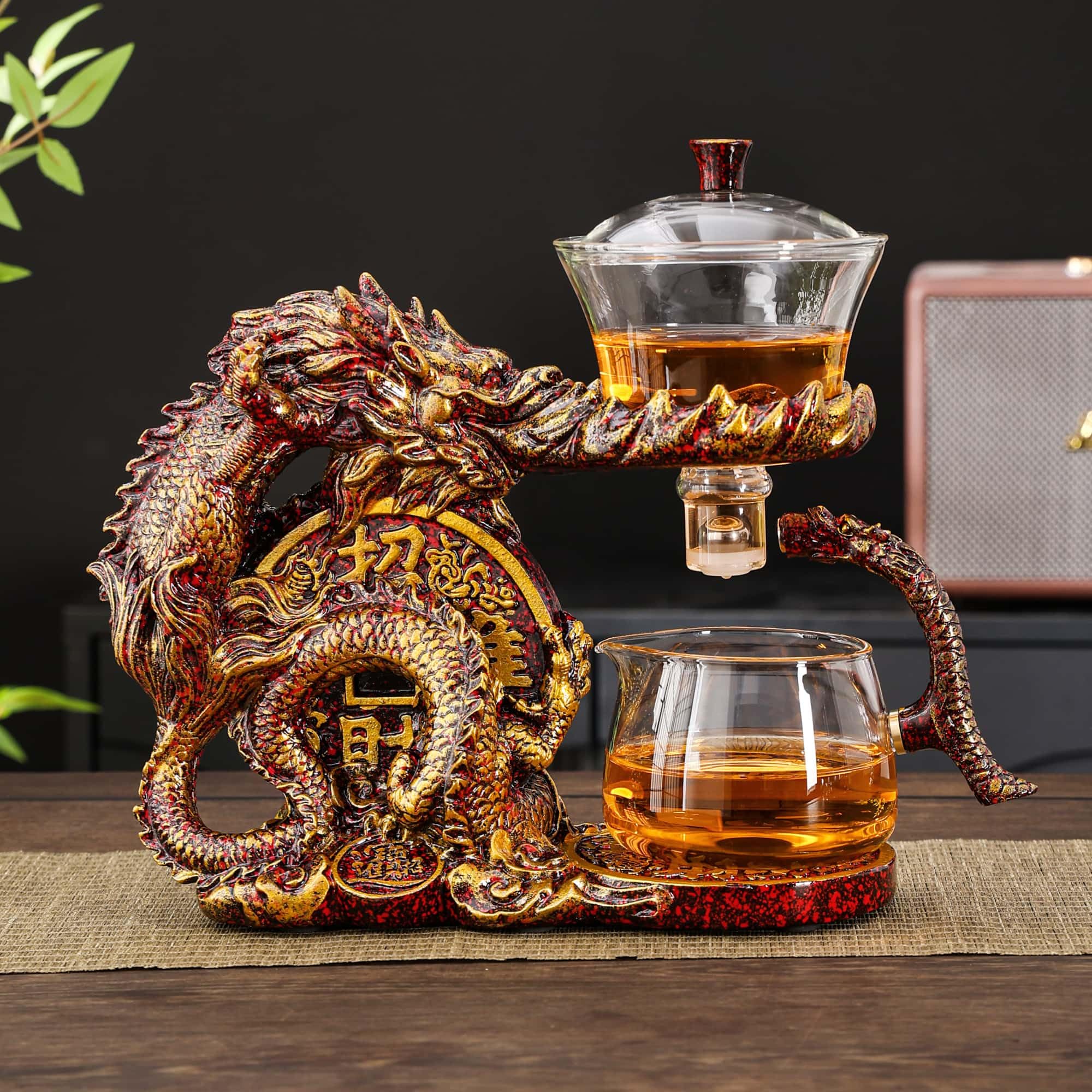 Glass Teapot Set with Infuser Semi Automatic Dragon Tea Set with 6 Small Cups (red golden dragon-b)