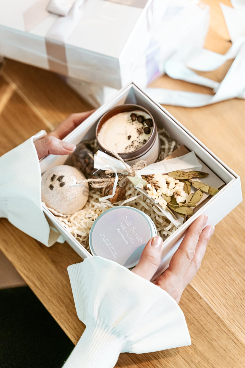 Mothers Day Spa Box for Women – Coffee Scented Candle Set with Bath Bomb & Salt Scrub, Handmade Birthday Present for Her