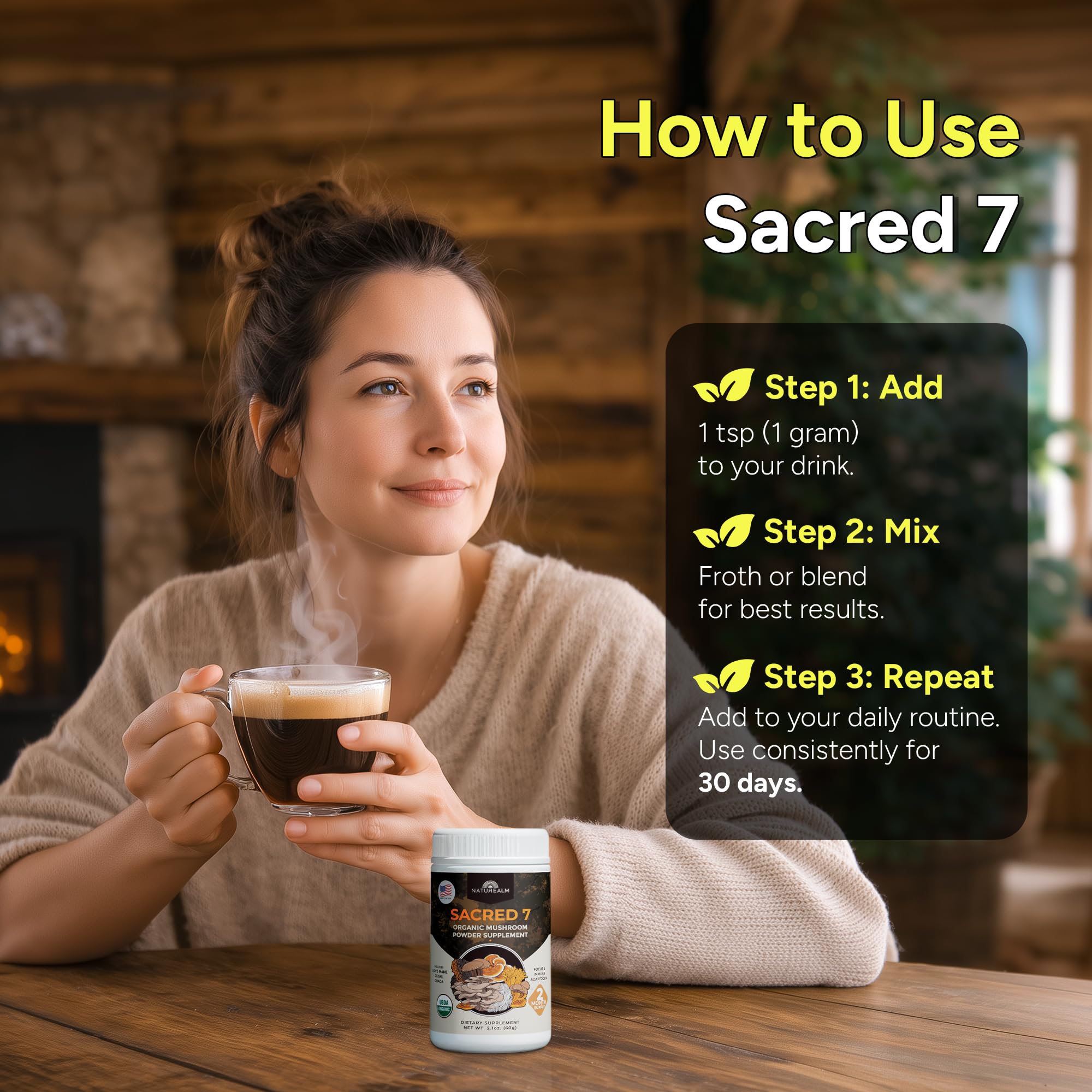 Naturealm Sacred 7 Organic Mushroom Powder Supplement | 7-Month Supply | 7-in-1 Blend with Lions Mane, Reishi, Chaga | Brain & Immune Support | 100% Fruiting Bodies for Coffee & Smoothies