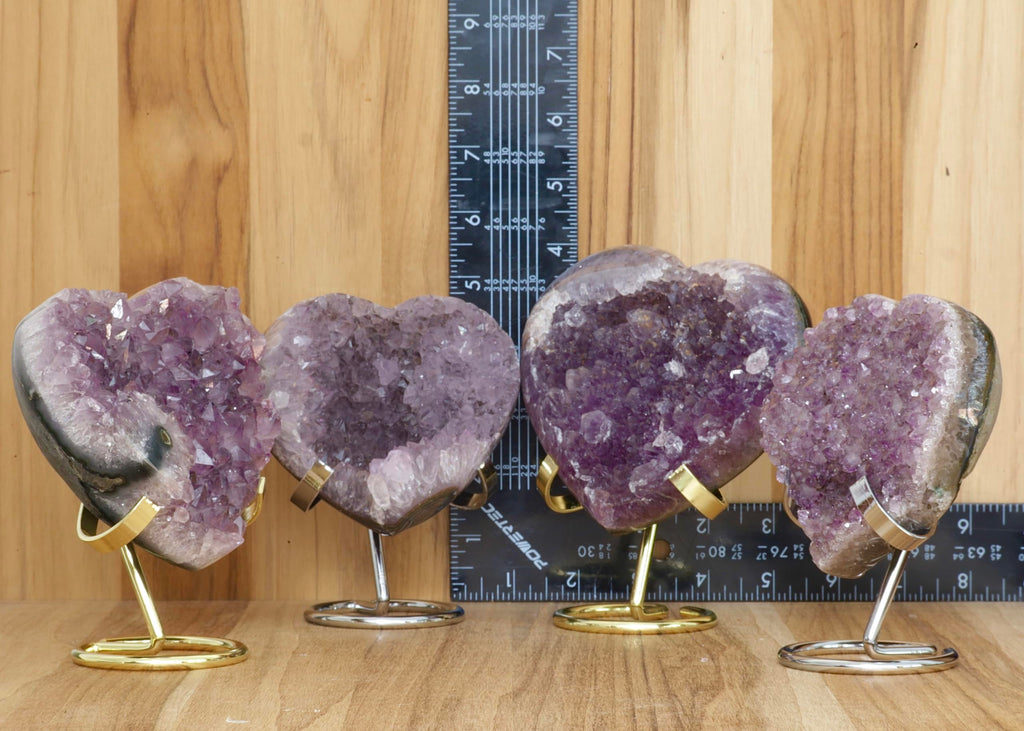 Hand-carved Amethyst Heart Cluster with Stand, Natural Raw Crystal Heart Stone 1–7 Inch tall (50g–1200g), Reiki Healing Gemstone, Love, spiritual Valentine Gift. (200-350 Grams-1.5 to 2.5" tall)