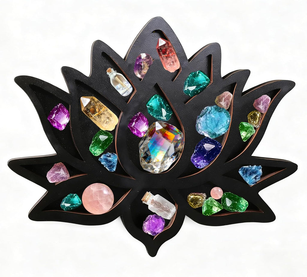Wooden Crystal Display Shelf Lotus Floating Shelf Gothic Rustic Boho Style Wall Art Decor,Display Shelf Suitable for Crystals, Essential Oils, Rocks, and Collectibles 11.8x9.64x0.9 Inches