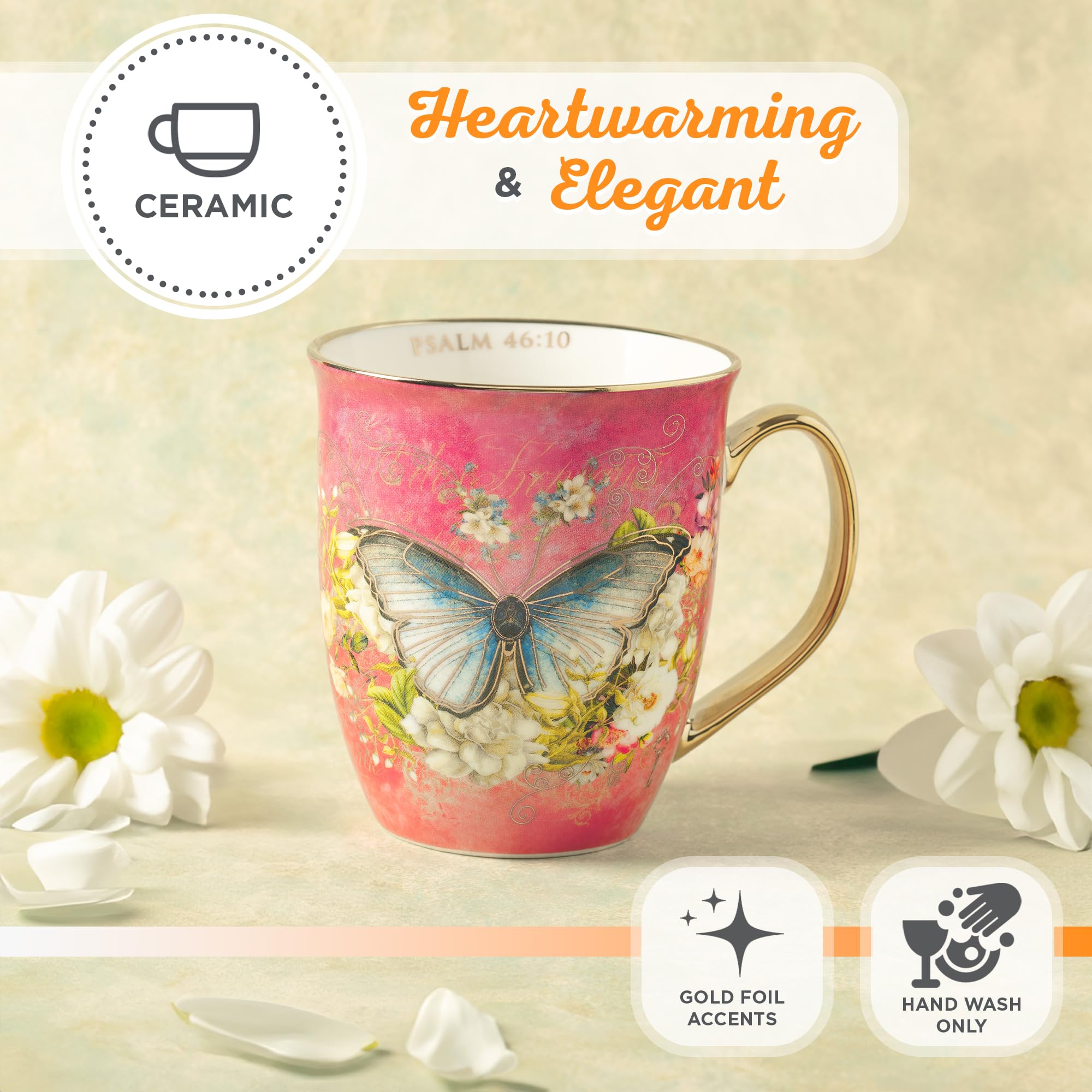 Christian Art Gifts Pink Butterfly Ceramic Coffee Mug with Gold Accents – 14 oz. Lead and Cadmium-free Inspirational Scripture Coffee and Tea Mug for Women with Bible Verse: Be Still – Psalm 46:10