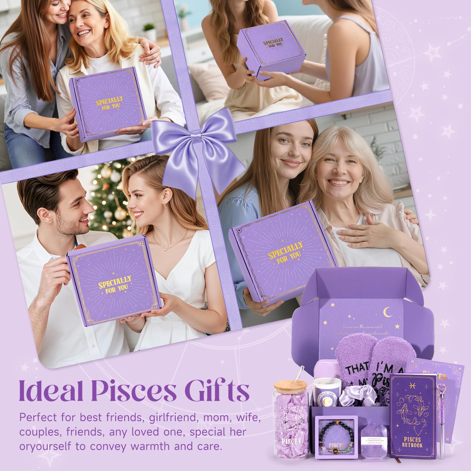 Pisces Birthday Gifts for Women, 12PCS Purple Zodiac Gift Baskets for Women with 16 oz Pisces Glass Cup Candle Mini Jewelry Gift Box, Unique Womens Birthday Gifts for Best Friend, Her, Mom, Sister