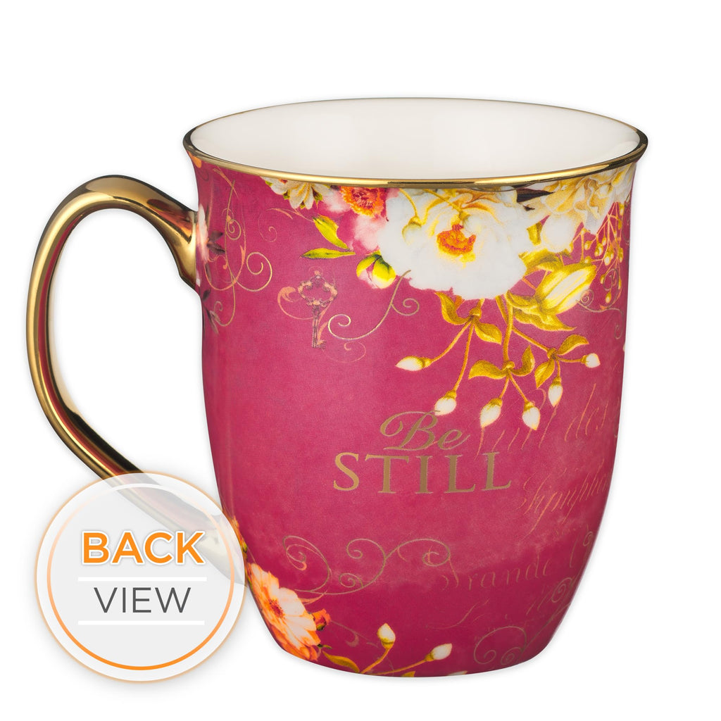 Christian Art Gifts Pink Butterfly Ceramic Coffee Mug with Gold Accents – 14 oz. Lead and Cadmium-free Inspirational Scripture Coffee and Tea Mug for Women with Bible Verse: Be Still – Psalm 46:10