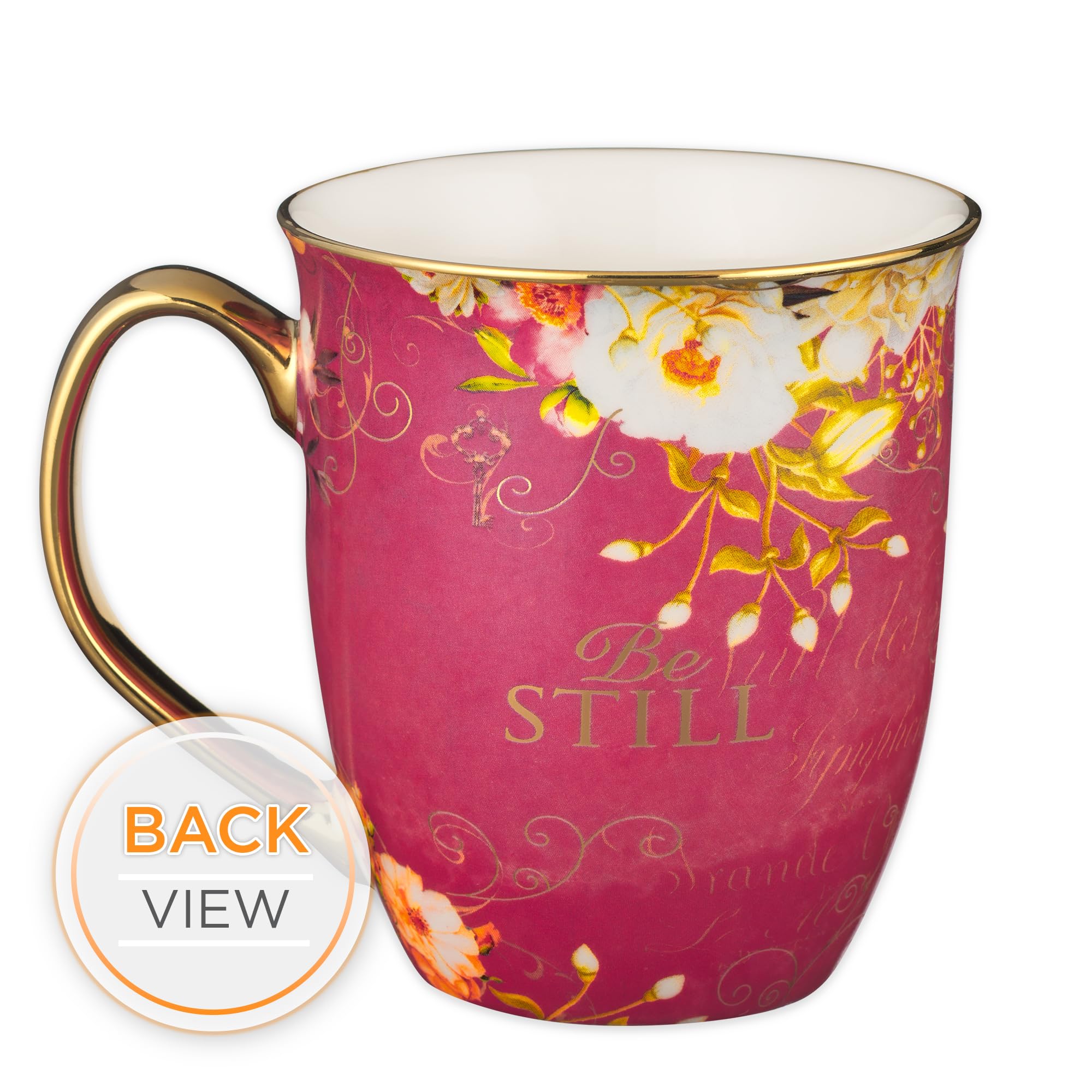 Christian Art Gifts Pink Butterfly Ceramic Coffee Mug with Gold Accents – 14 oz. Lead and Cadmium-free Inspirational Scripture Coffee and Tea Mug for Women with Bible Verse: Be Still – Psalm 46:10