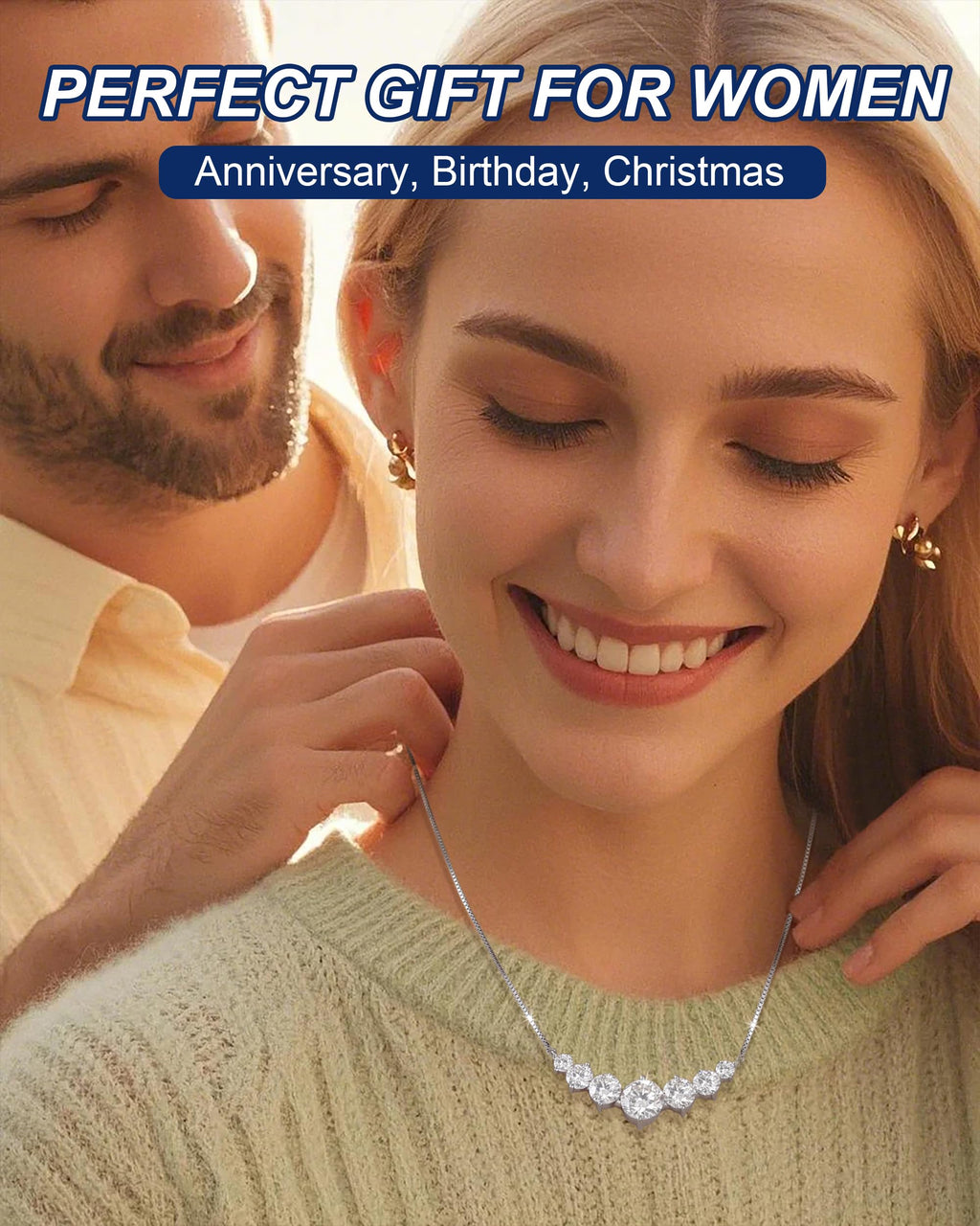 TUHE 7 Stones Moissanite Necklace for Women, 1.7-5.0 Carat Smile Moissanite Pendant Necklace 18k Gold Plated Sterling Silver 16.5+2.5 inch Box Chain Tennis Necklaces with Certificate of Authenticity