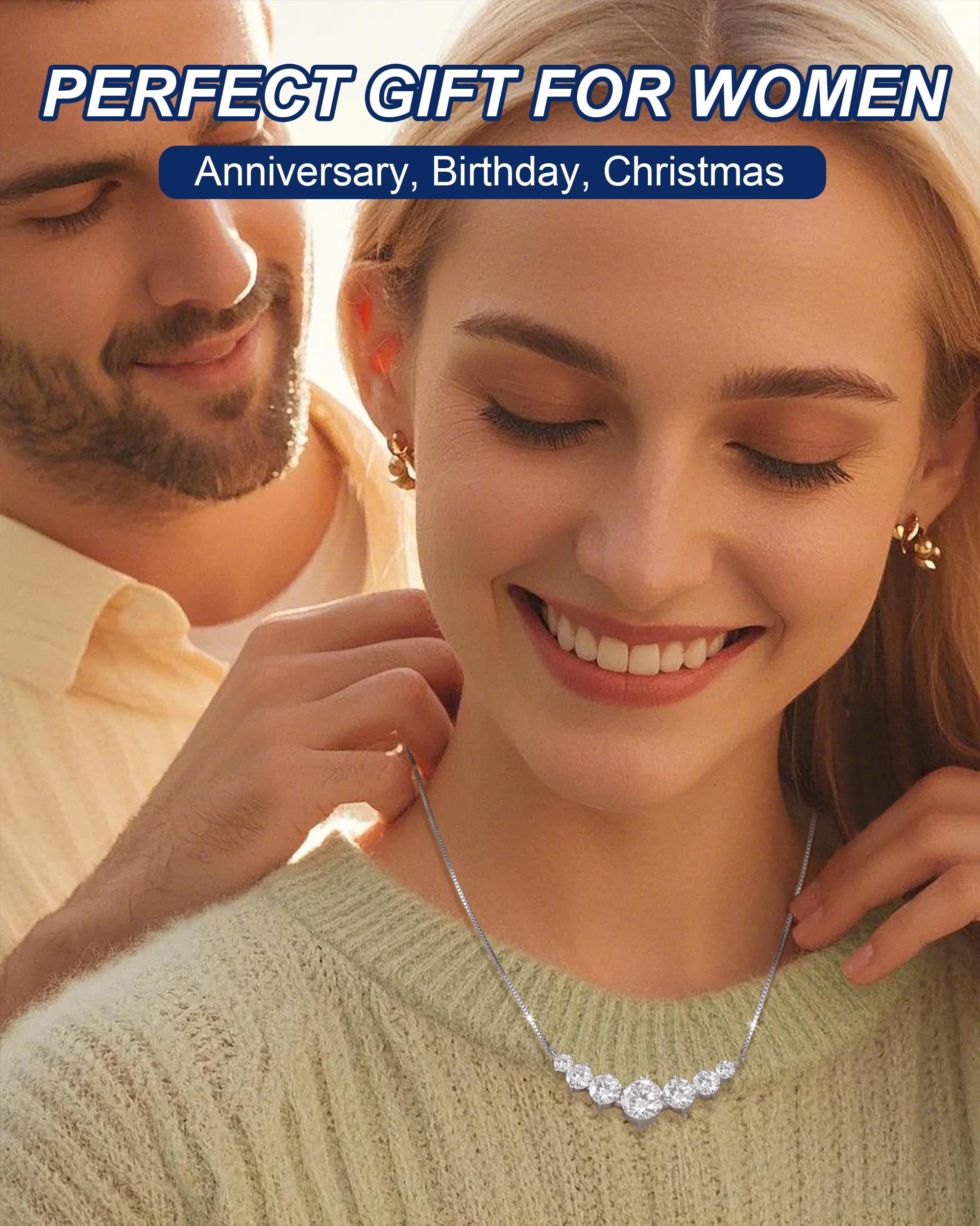 TUHE 7 Stones Moissanite Necklace for Women, 1.7-5.0 Carat Smile Moissanite Pendant Necklace 18k Gold Plated Sterling Silver 16.5+2.5 inch Box Chain Tennis Necklaces with Certificate of Authenticity