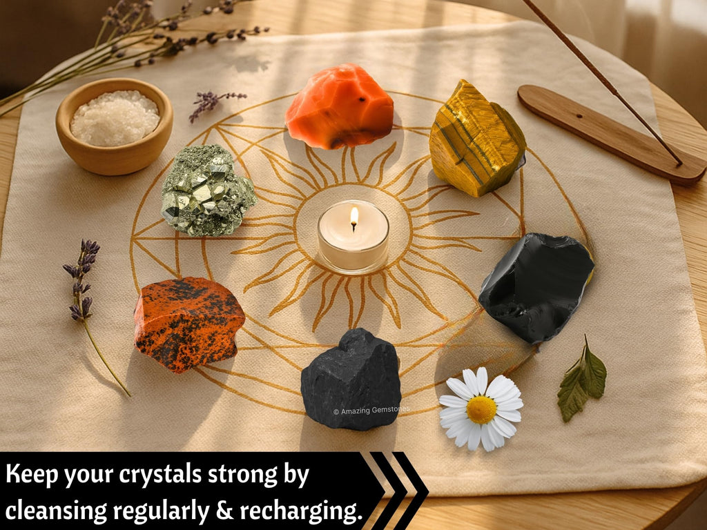 Amazing Gemstone Crystals for House Protection Manifestation, Set of 6 Amethyst, Scolecite, Shungite, Black Tourmaline, Selenite and Moss Agate Healing Crystals and Stones