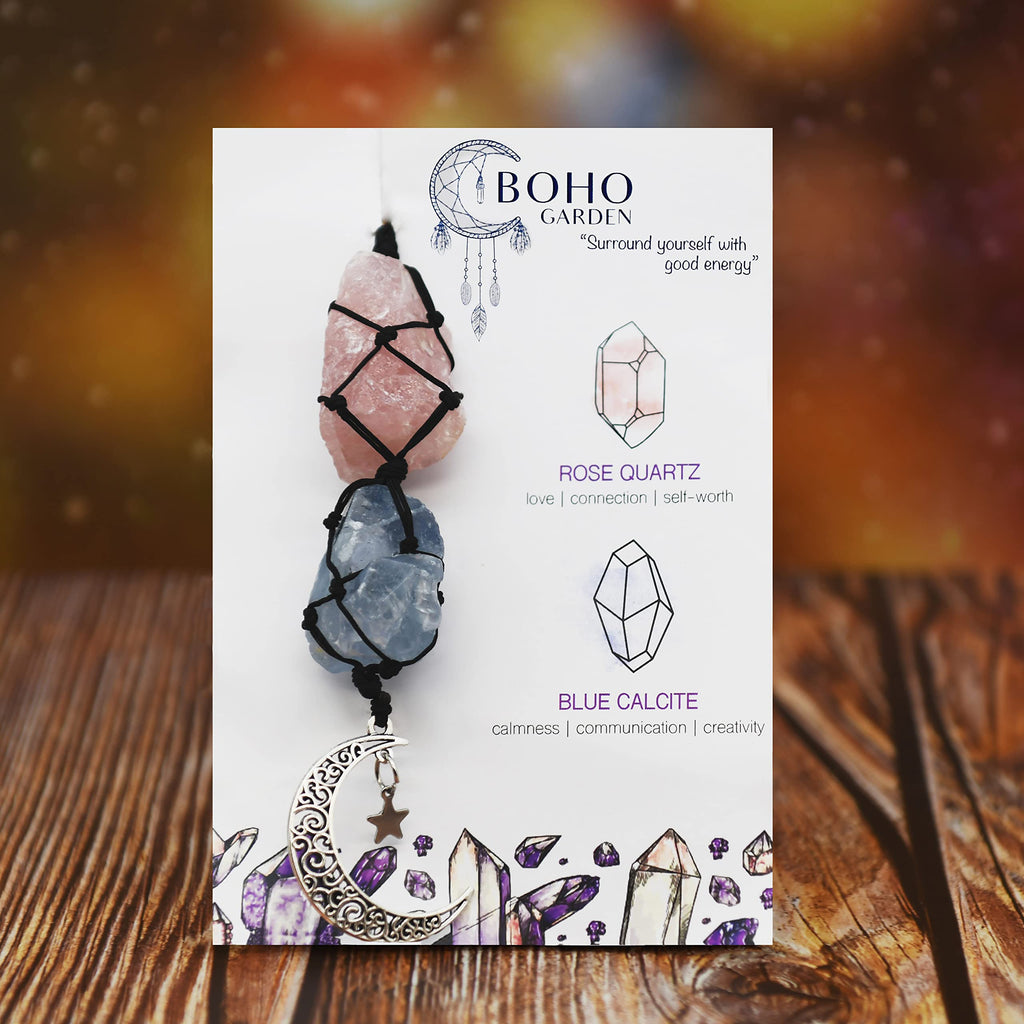 BOHO GARDEN Crystal Hanging Car Charm - Purple Rear View Mirror Hanging Car Accessories for Women, Moon Decor Hanging Ornament, Witchy Gifts and Healing Stones - Rose Quartz & Amethyst