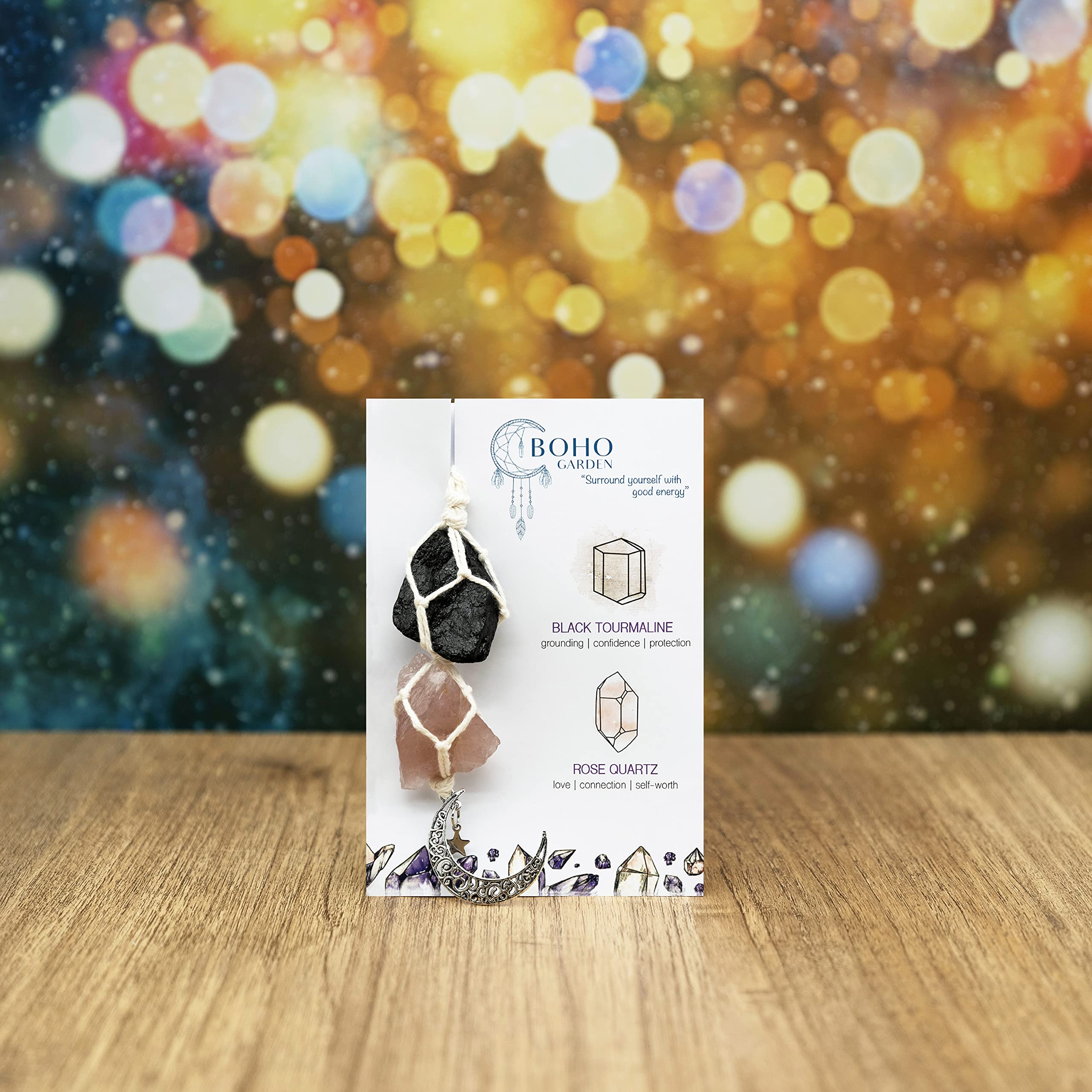 BOHO GARDEN Crystal Hanging Car Charm - Purple Rear View Mirror Hanging Car Accessories for Women, Moon Decor Hanging Ornament, Witchy Gifts and Healing Stones - Rose Quartz & Amethyst