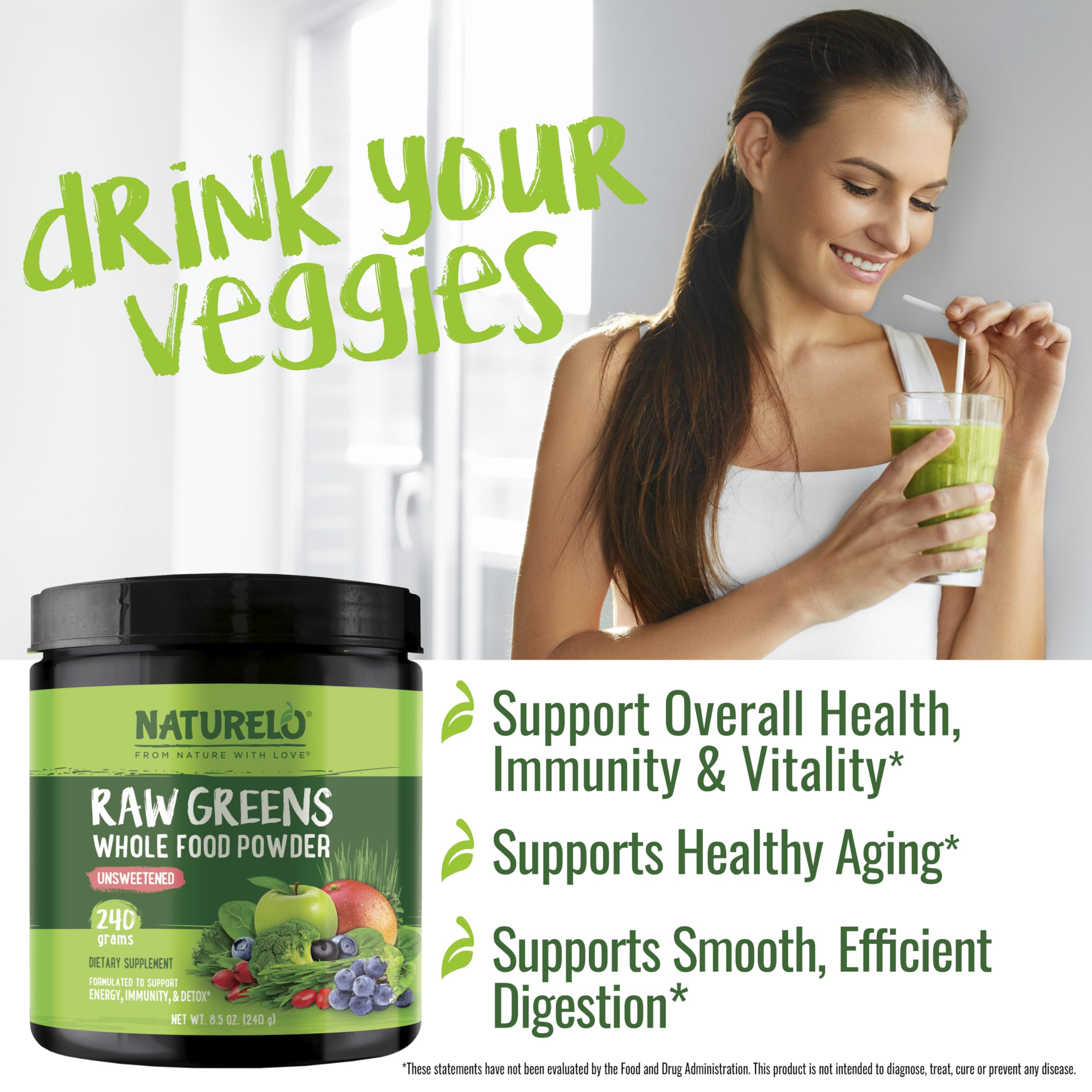 NATURELO Raw Greens Superfood Powder - Unsweetened - Boost Energy, Detox, Enhance Health - Organic Spirulina - Wheat Grass - Whole Food Nutrition from Fruits & Vegetables - 240 Grams