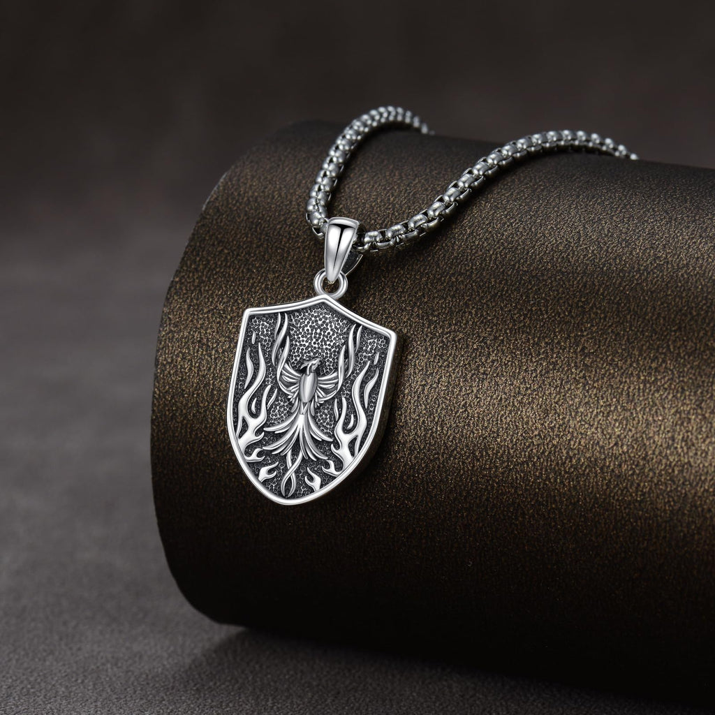 PELOVNY Phoenix Necklace 925 Sterling Silver Shield/Sword/Crystal/Tarot Card/Dog Tag/Cross/Abalone/Axe Pendant Rising Bird Jewelry for Anniversary Birthday Christmas Gifts Men Women