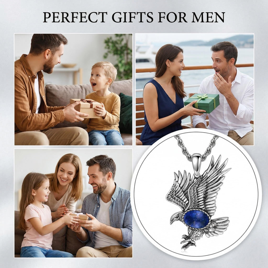 Eagle Necklace for Men 925 Sterling Silver Real Gemstone Vintage Hawk Pendant Western Viking Animal Jewelry Gifts for Father