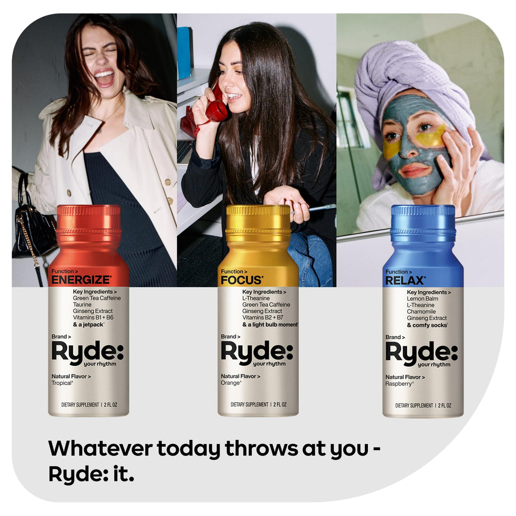 Ryde: Energize Shot | Tropical Flavor | Green Tea Caffeine, Taurine, Ginseng Extract & B Vitamins | 0 Calories, 0 Sugar | 2 FL OZ Shots | Boosts energy* (8 Pack)