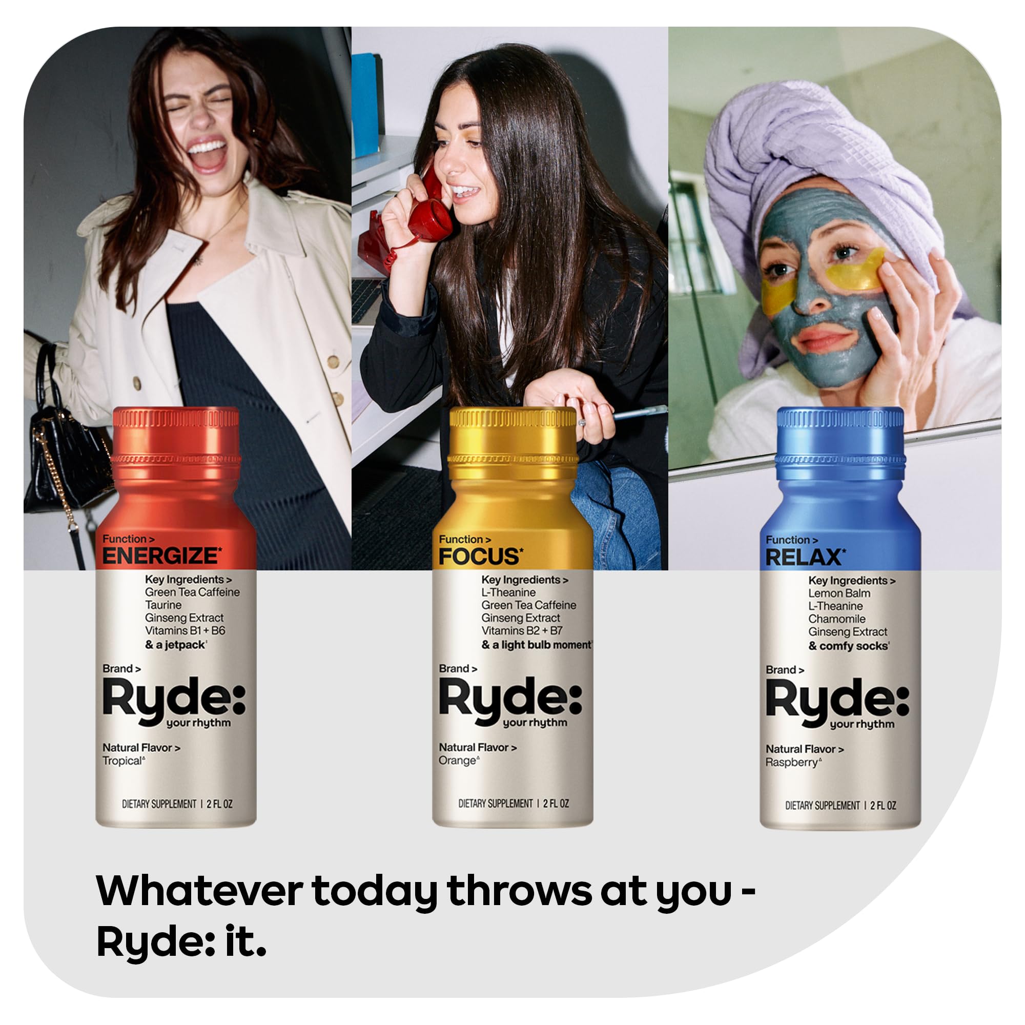 Ryde: Energize Shot | Tropical Flavor | Green Tea Caffeine, Taurine, Ginseng Extract & B Vitamins | 0 Calories, 0 Sugar | 2 FL OZ Shots | Boosts energy* (8 Pack)