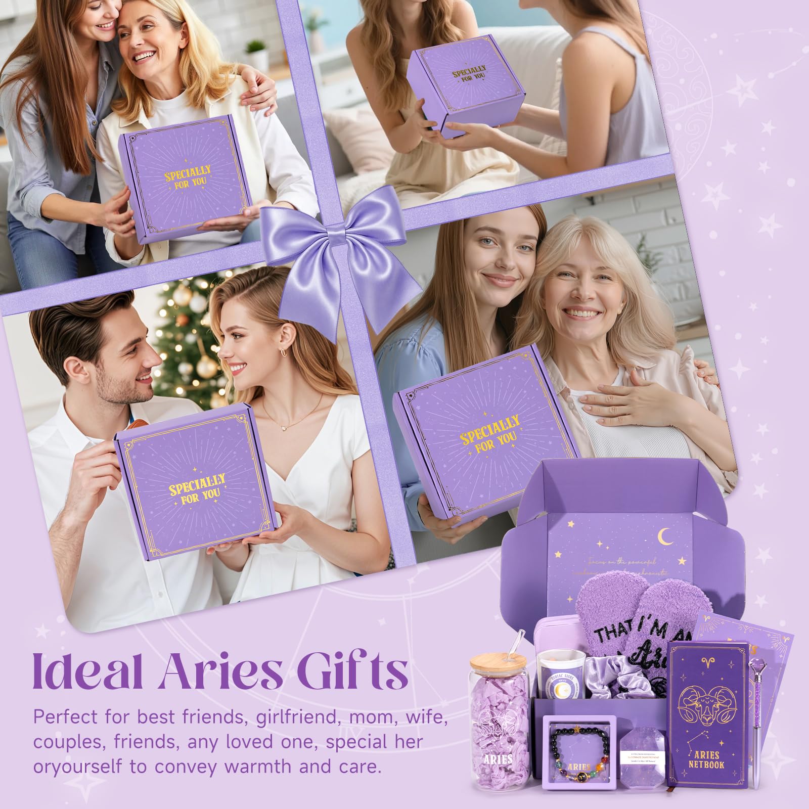 Pisces Birthday Gifts for Women, 12PCS Purple Zodiac Gift Baskets for Women with 16 oz Pisces Glass Cup Candle Mini Jewelry Gift Box, Unique Womens Birthday Gifts for Best Friend, Her, Mom, Sister