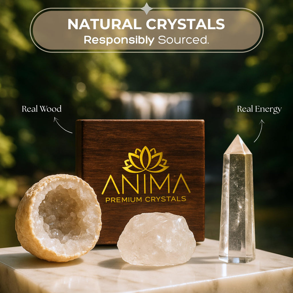 Anima Premium Protection Healing Crystals Set for Energy Shielding - Large Raw Obsidian, Black Tourmaline, Labradorite, Smoky Quartz & Selenite Bar - Wooden Gift Box and Guide Booklet Included