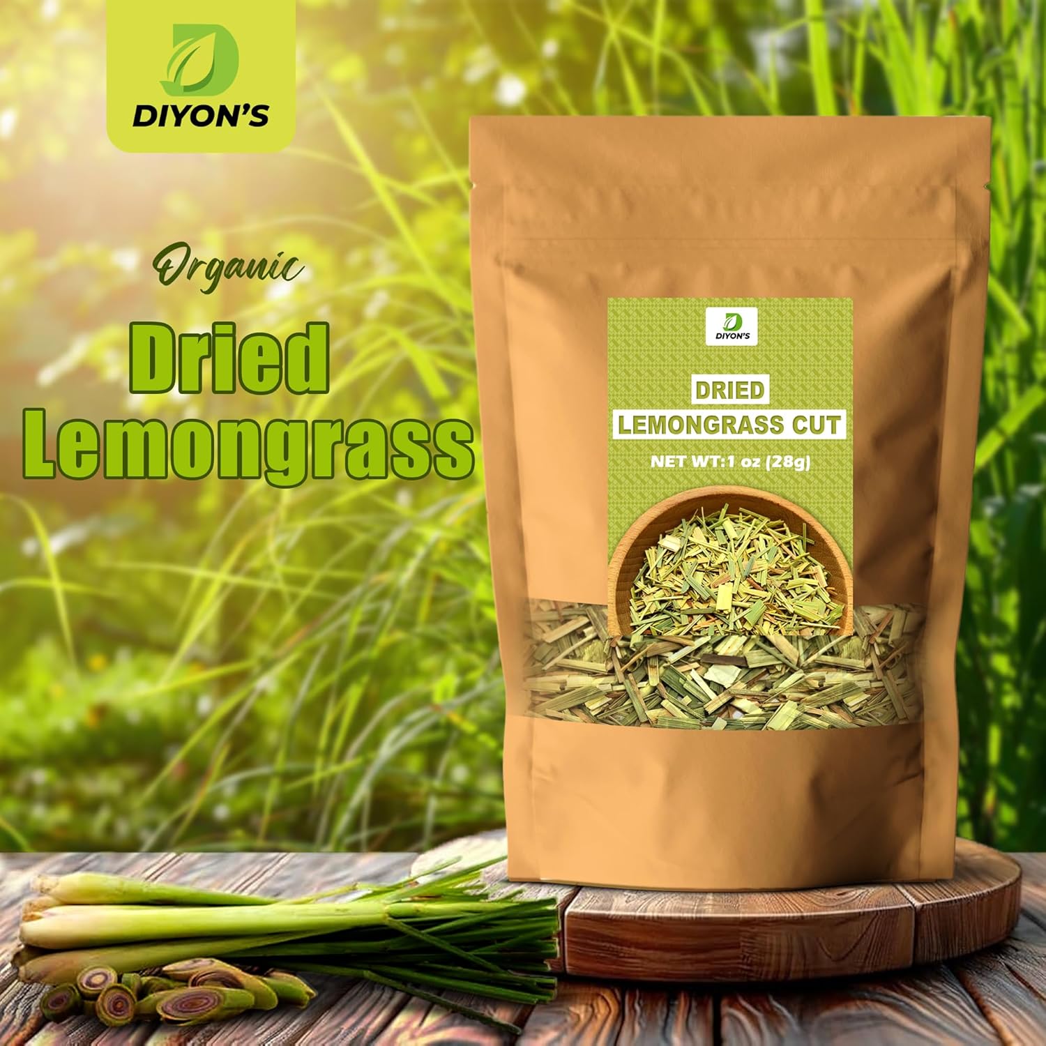 Diyon's dried lemon grass cut 1 oz (28g) with stand up resealable pouch.