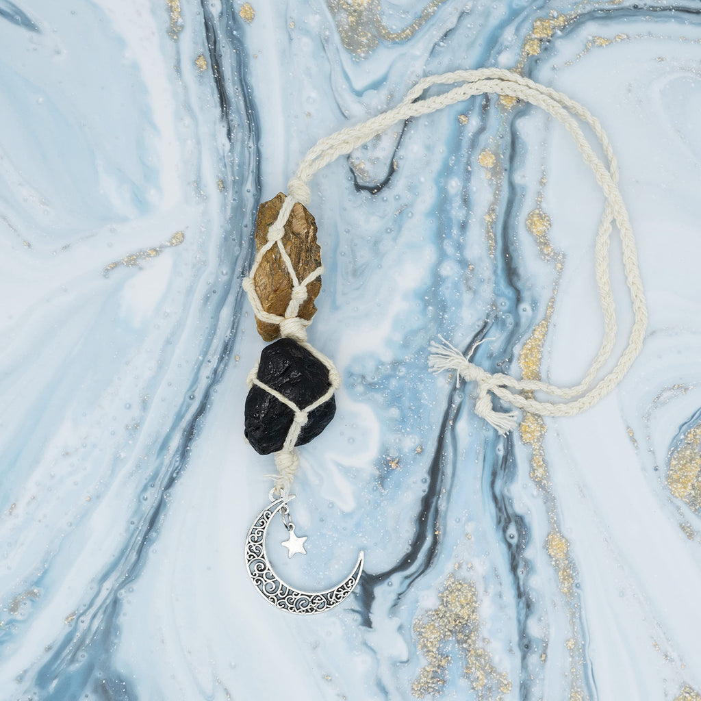 BOHO GARDEN Crystal Hanging Car Charm - Purple Rear View Mirror Hanging Car Accessories for Women, Moon Decor Hanging Ornament, Witchy Gifts and Healing Stones - Rose Quartz & Amethyst