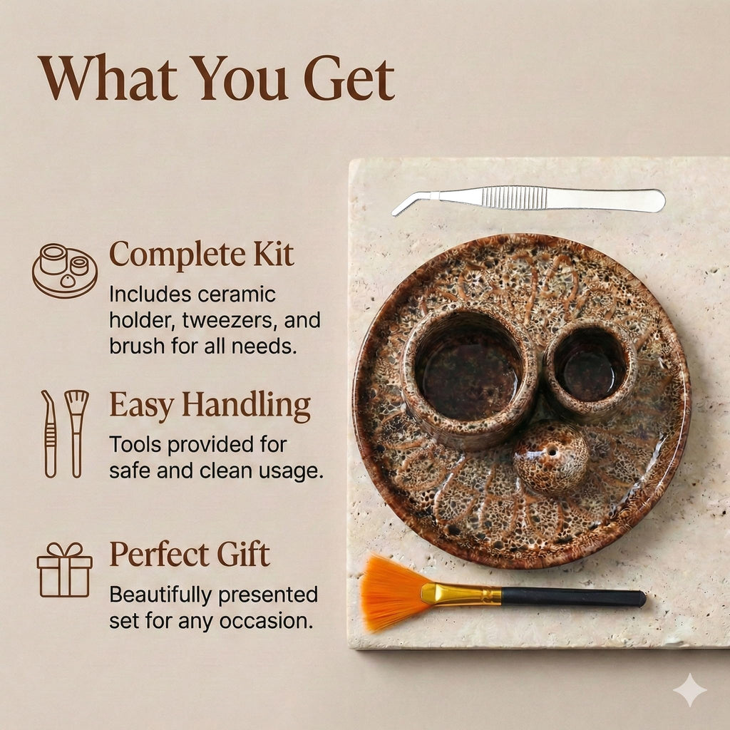 Handmade Ceramic Incense Burner for Palo Santo Incense Sticks, 4 in 1 Multi-Purpose Sage Holder for Burning, Ash Catcher Tray for Meditation Yoga Room (Golden)