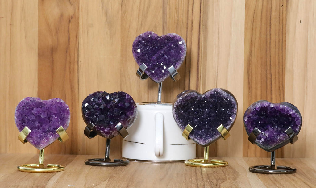 Hand-carved Amethyst Heart Cluster with Stand, Natural Raw Crystal Heart Stone 1–7 Inch tall (50g–1200g), Reiki Healing Gemstone, Love, spiritual Valentine Gift. (200-350 Grams-1.5 to 2.5" tall)