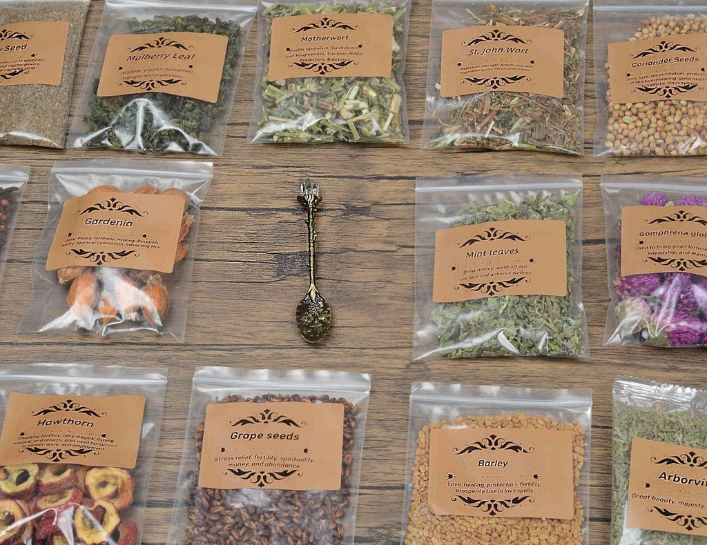30 Dried Herbs for Witchcraft & Ritual Incense – Magical Kit for Spell Jars, Smudging, Spiritual Healing – Wiccan Altar Supplies & Crystal Spoon