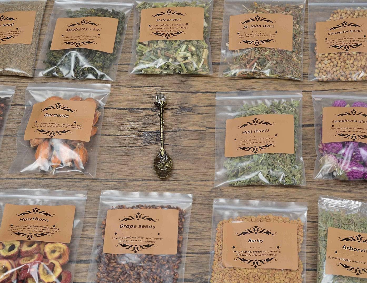 30 Dried Herbs for Witchcraft & Ritual Incense – Magical Kit for Spell Jars, Smudging, Spiritual Healing – Wiccan Altar Supplies & Crystal Spoon