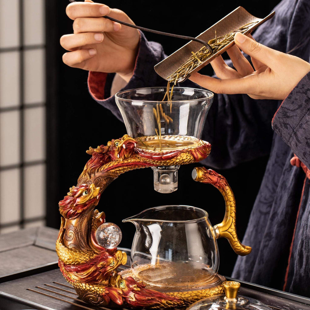 Glass Teapot Set with Infuser Semi Automatic Dragon Tea Set with 6 Small Cups (red golden dragon-b)