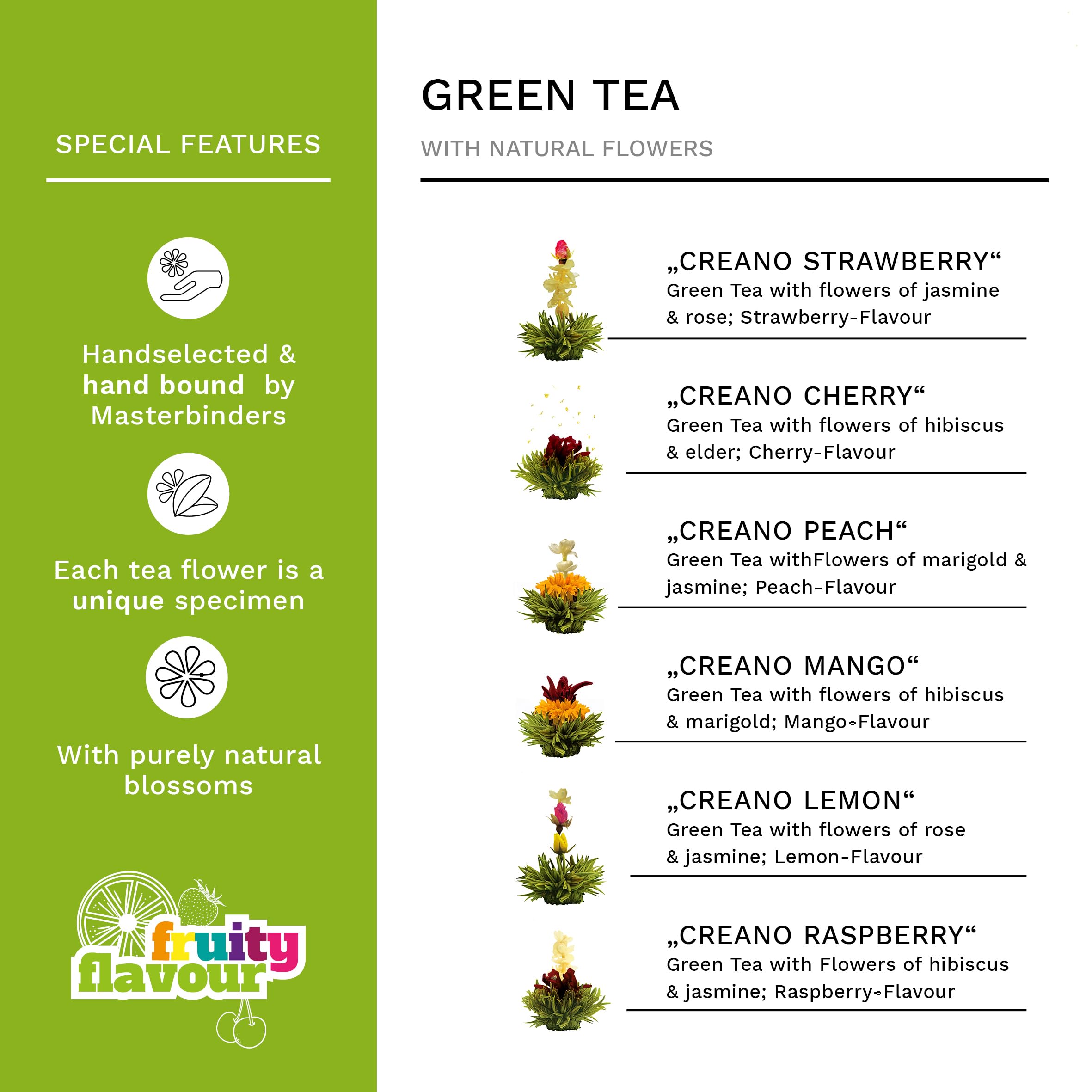 Creano Blooming Tea Gift Set with Glass Teapot 17oz (500ml) - Green Tea Fruity Flavoured Tea Flowers in 6 Varieties - Flowering Tea Gift for Easter