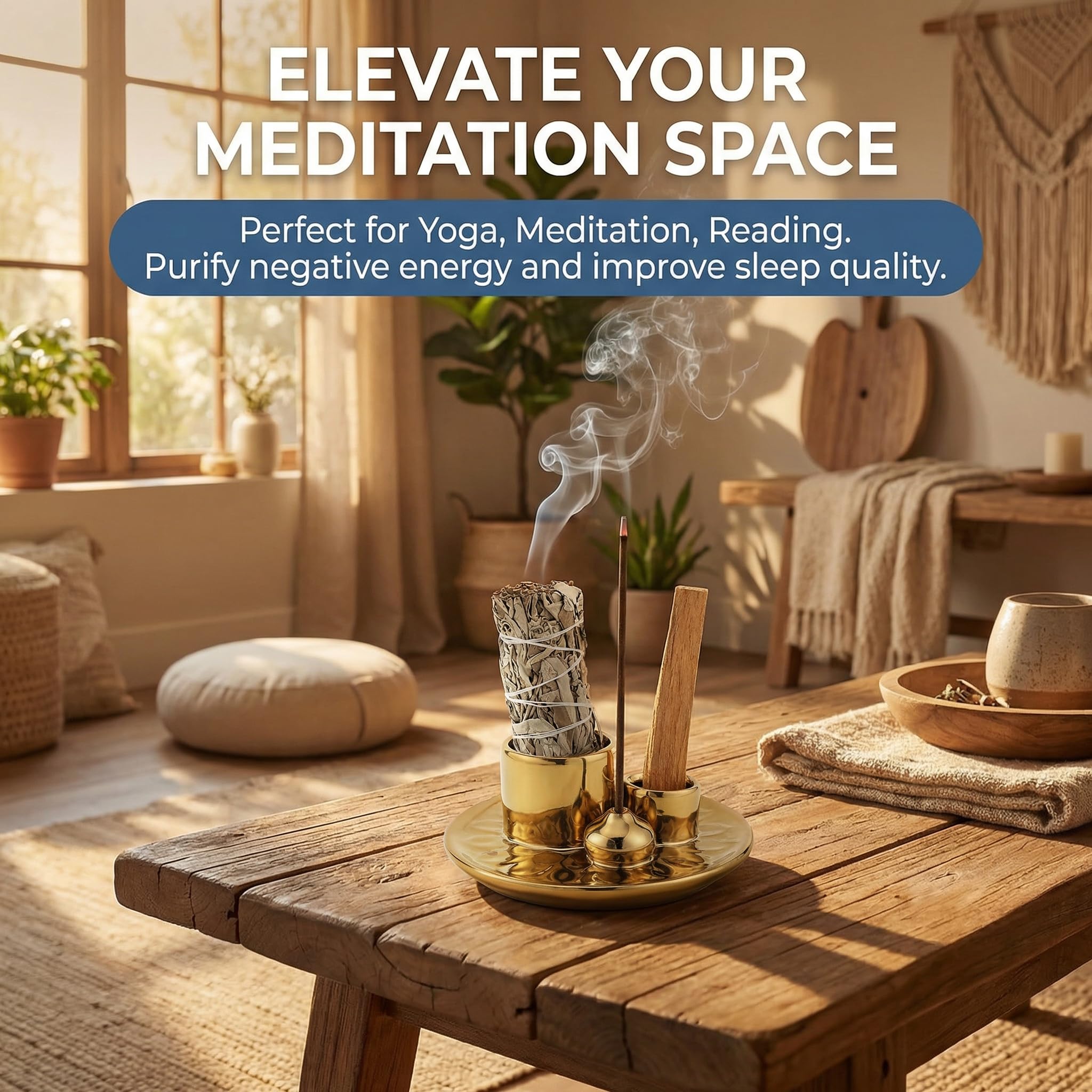 Handmade Ceramic Incense Burner for Palo Santo Incense Sticks, 4 in 1 Multi-Purpose Sage Holder for Burning, Ash Catcher Tray for Meditation Yoga Room (Golden)