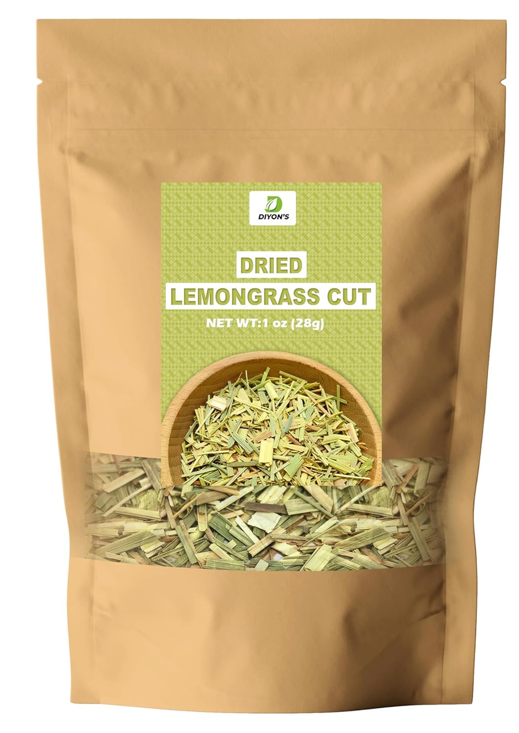 Diyon's dried lemon grass cut 1 oz (28g) with stand up resealable pouch.